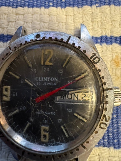 Vintage Clinton Watch- 25 Jewel Auto – Time Day Date – Still Ticking! No Band.