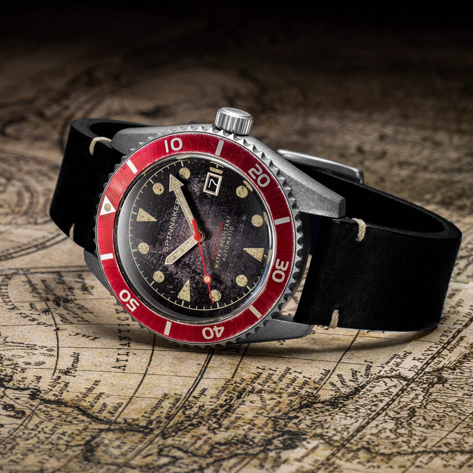 Spinnaker Wreck Red Ring & Gray / Leather | Black Dial 44mm Japanese Automatic W