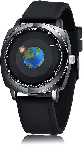 50M Waterproof World Map Watches for Men Classic Earth Globe Moon Sun Rotatin…