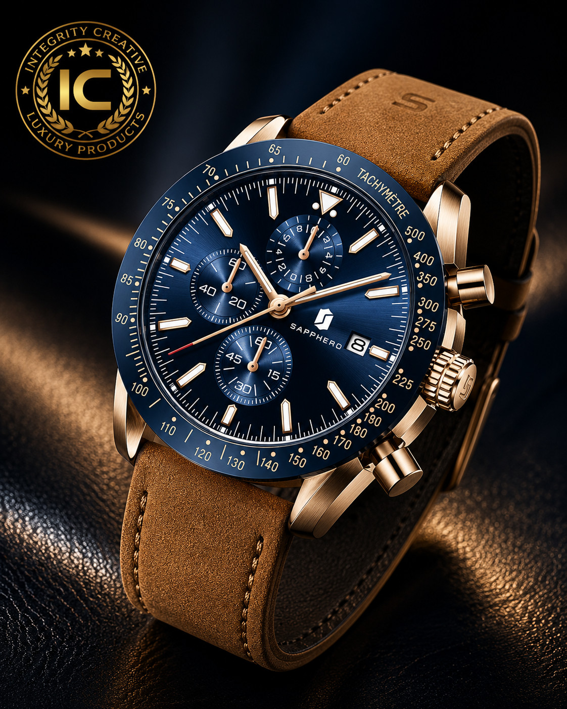 Mens Gold Aviator Watch Quartz Movement Brown Leather Strap Blue Dial Wristwatch