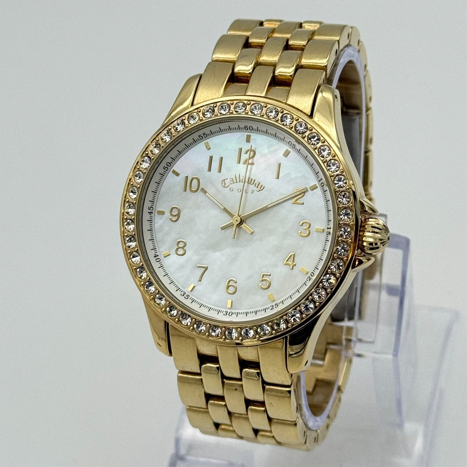 Women’s CALLAWAY GOLF Gold Tone, Crystal Bezel MOP Dial 40mm Bracelet Watch Runs