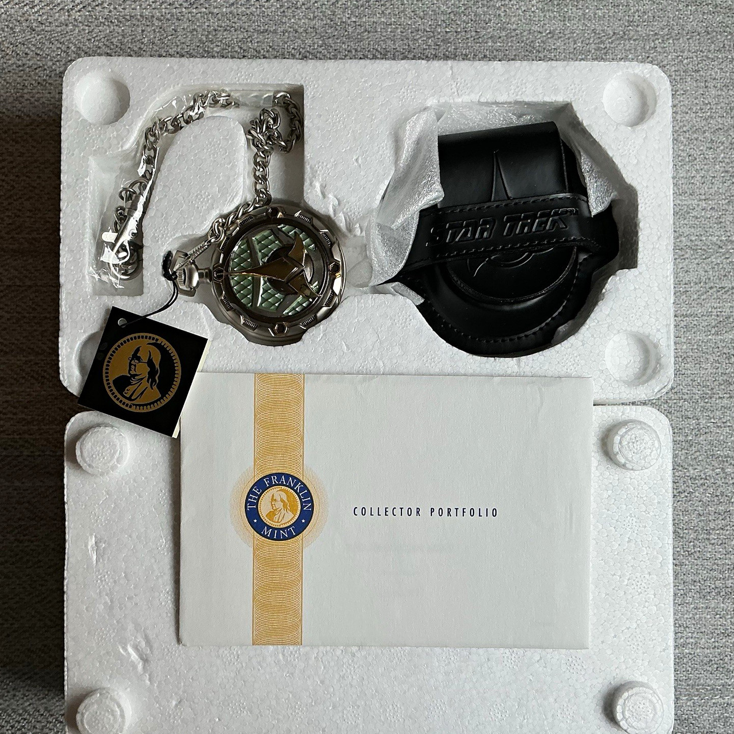 Franklin Mint Star Trek Quartz Pocket Watch Green Dial w/ Chain, Box, COA