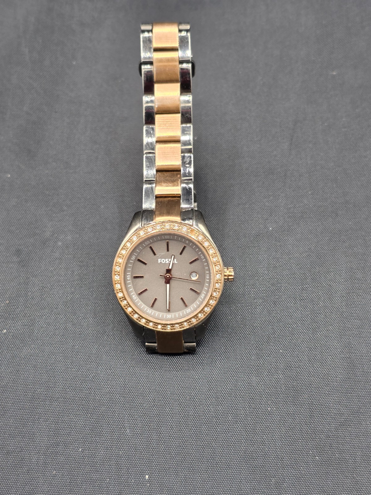 *Fossil Scarlette Mini Date Gold Watch Faux Diamonds 255300 Small Wrist 7”