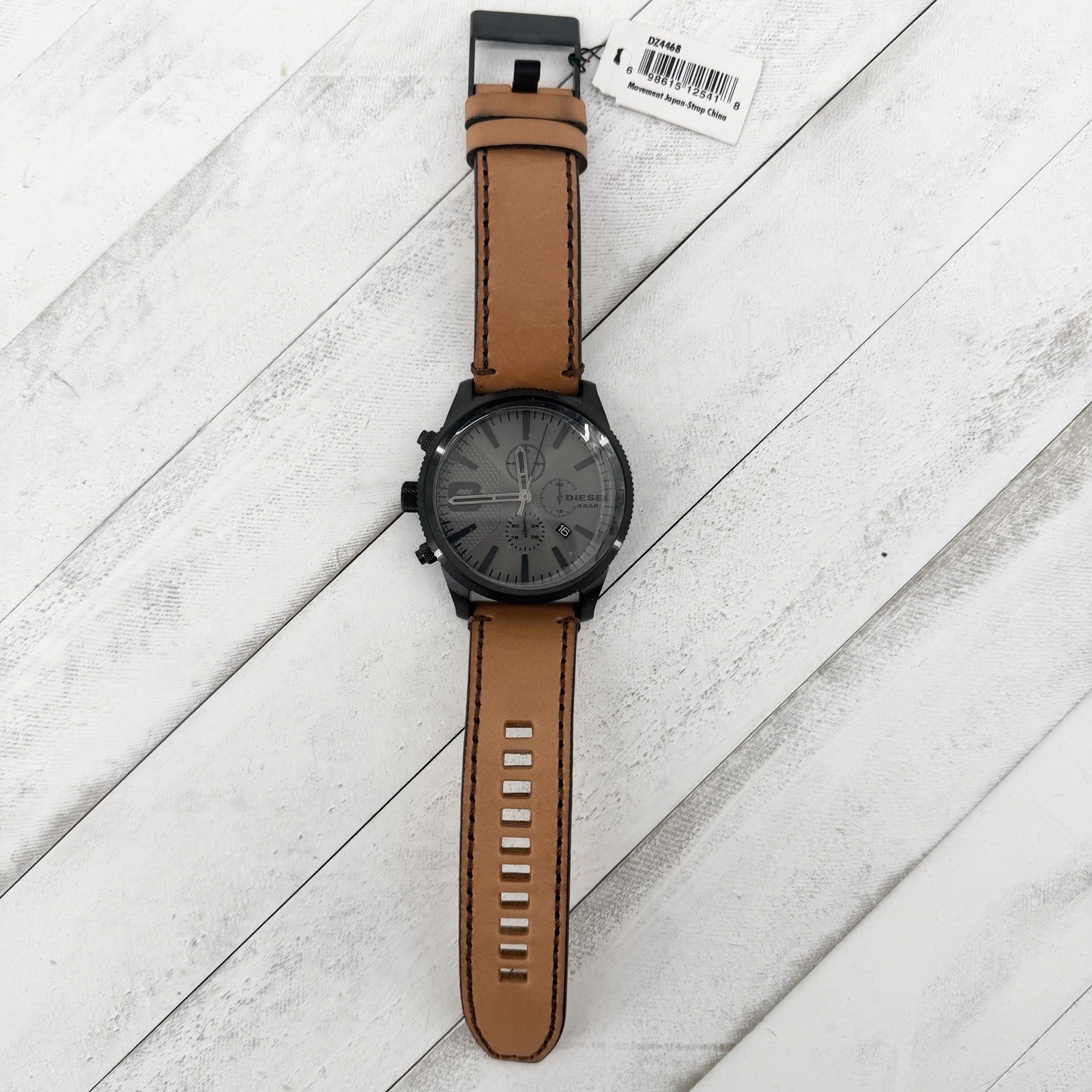 Diesel Rasp Chronograph Mens Watch DZ4468 Black Steel Brown Leather NWT New Face