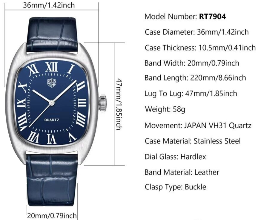 Rollstimi 7904 36mm Luxury Tonneau Dress Watch Hardex Lens 50m Seiko VH31 Quartz