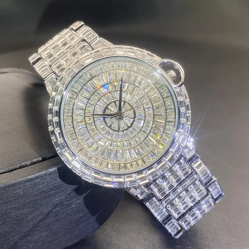 Hip Hop Luxury Men’s Ice Out Watch Iced King Bling Waterproof Silver Cz Diamond