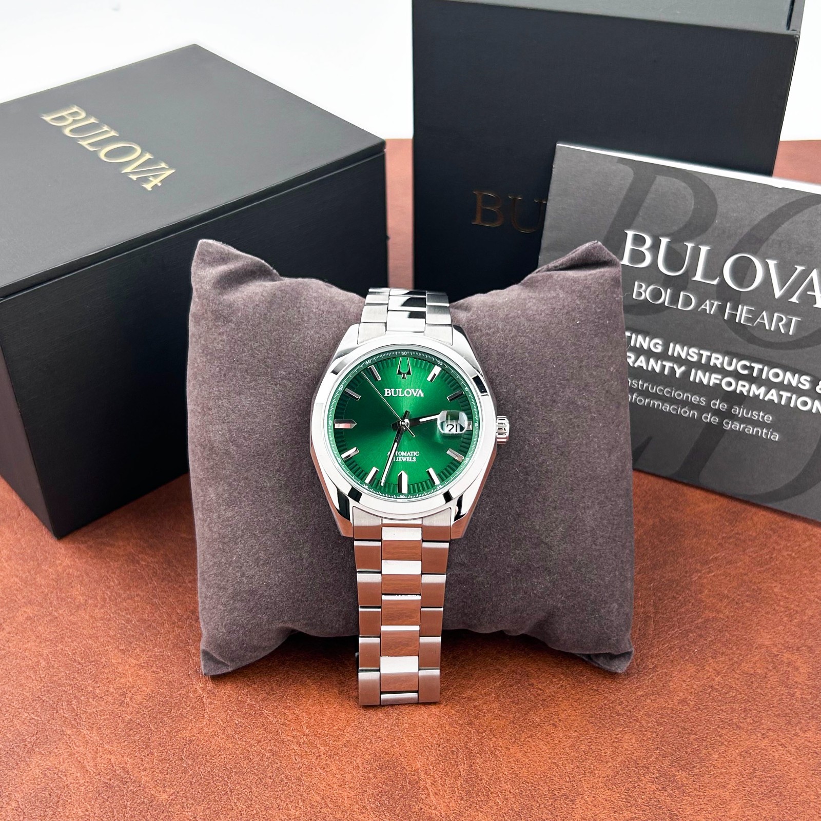 NEW Bulova 96B429 Mens Surveyor Green Dial Automatic Stainless Steel Watch