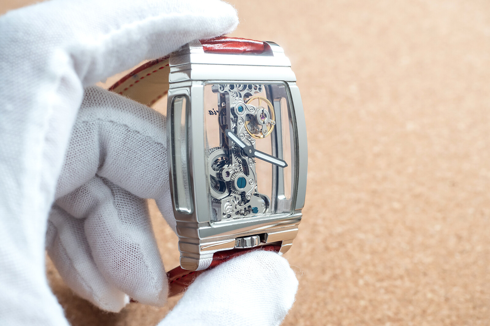 Mens Manual Mechanical Watch – Chrome Silver Bridge Red Leather Deployant Buckle