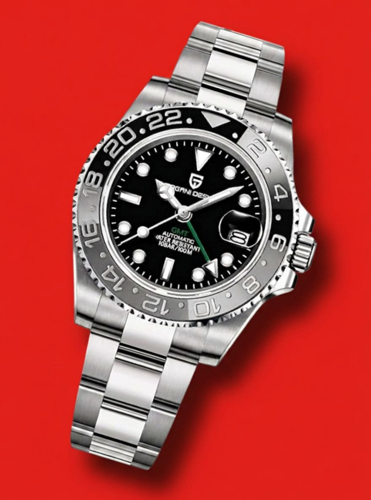 Mens Waterproof Divers Watch Black Dial Bezel Silver Bracelet 40mm Pagani Design
