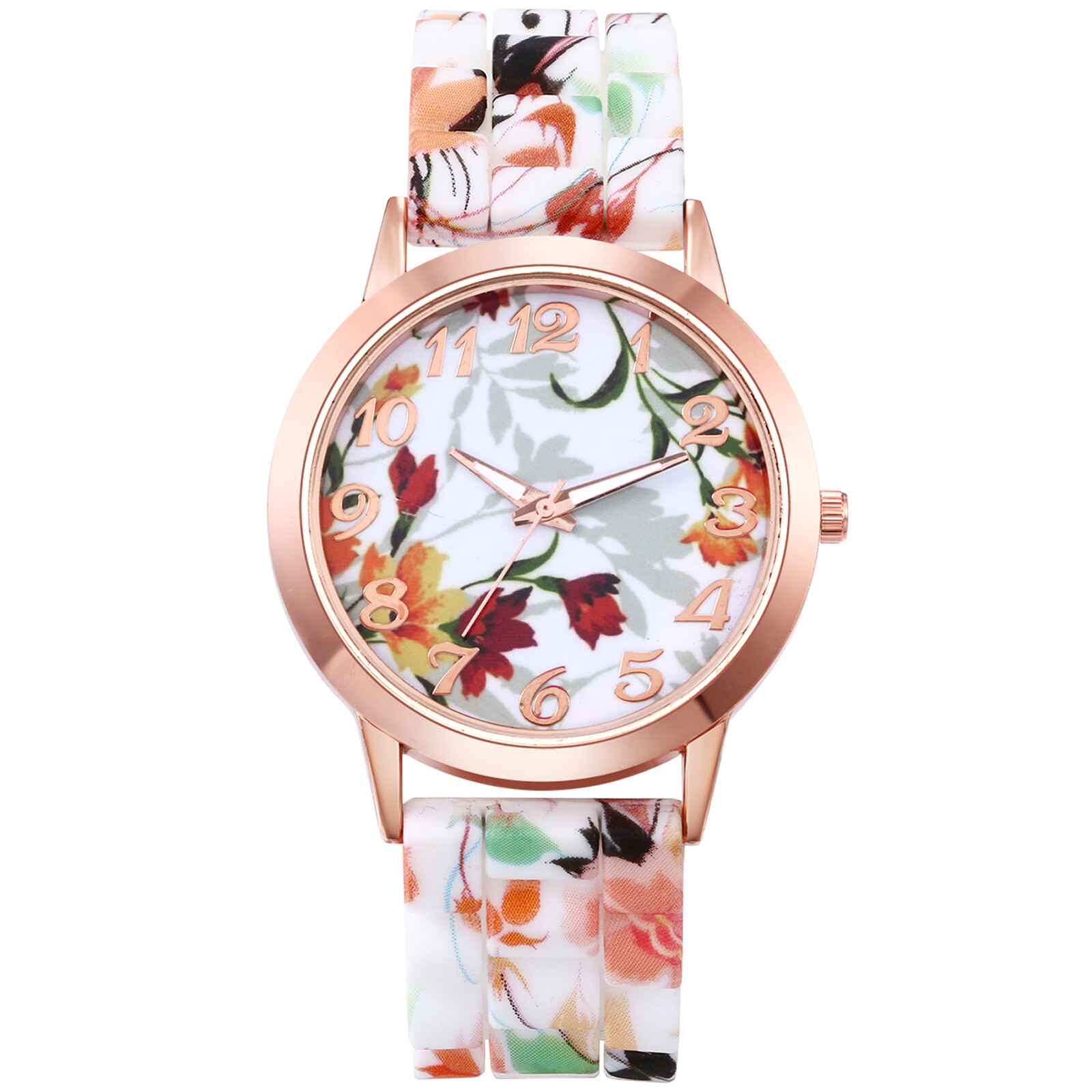 Women Girls Fancy Soft Flowers Printed Silicone Strap Quartz Dress Wrist Watches