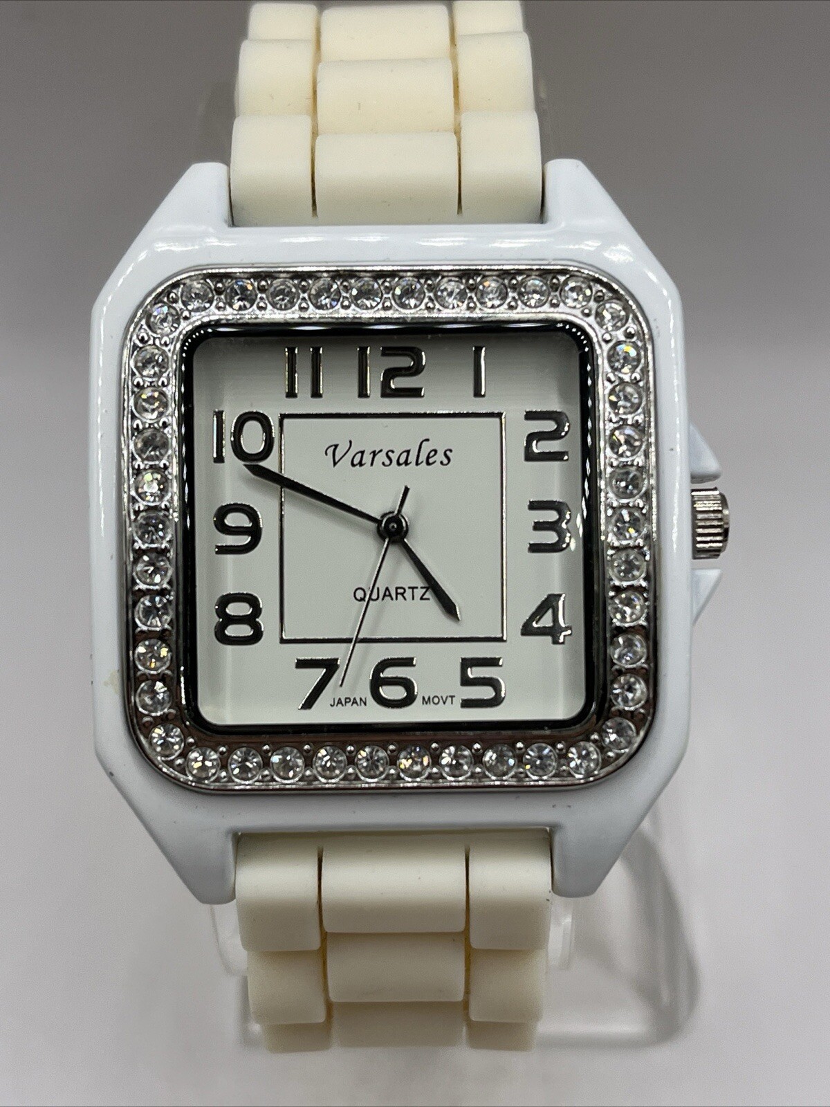 Versales Women’s Quartz Watch White Silicone Band Rhinestone Bezel- New Battery