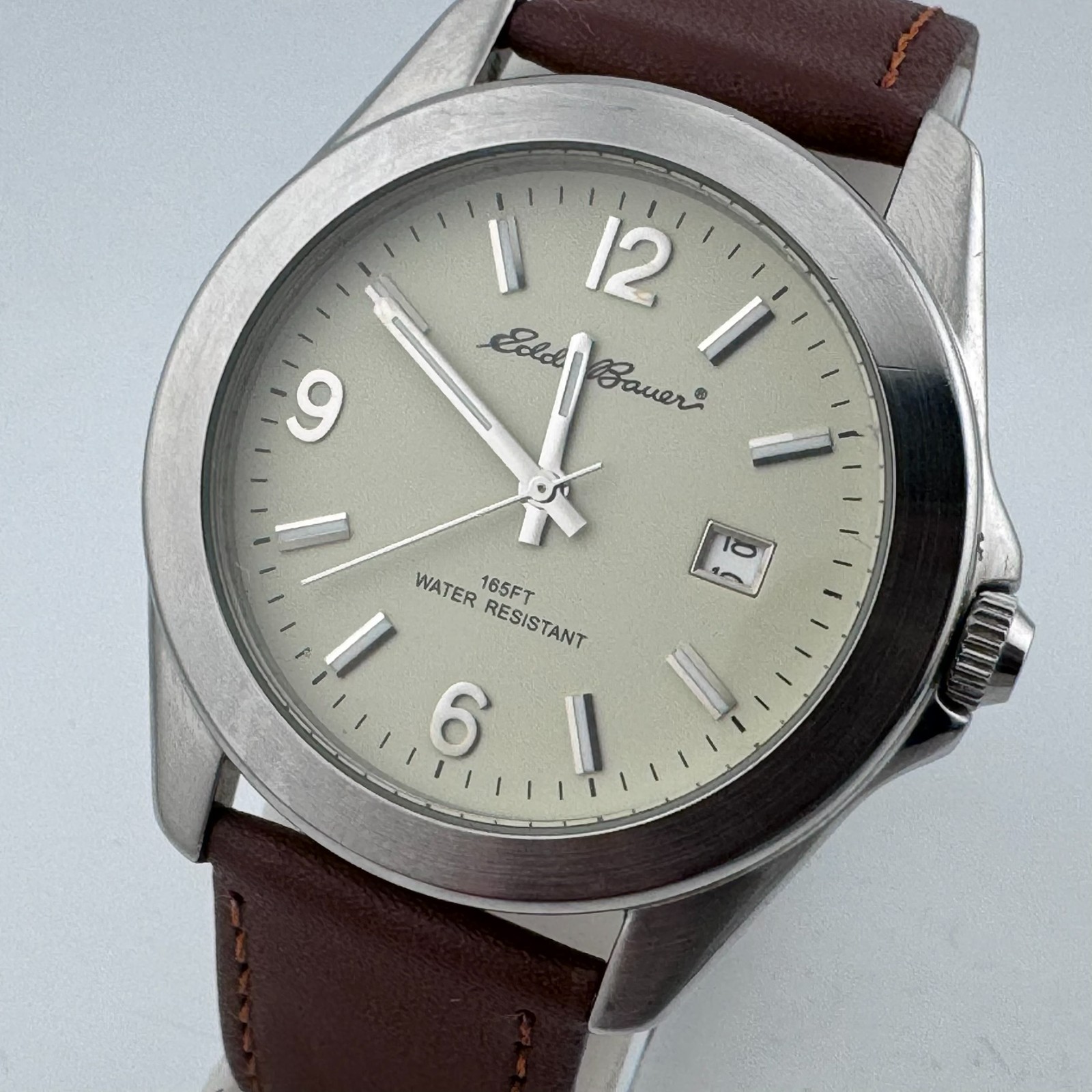 VTG Eddie Bauer Quartz Watch Men 50m Silver Steel Leather Date Analog New Batter