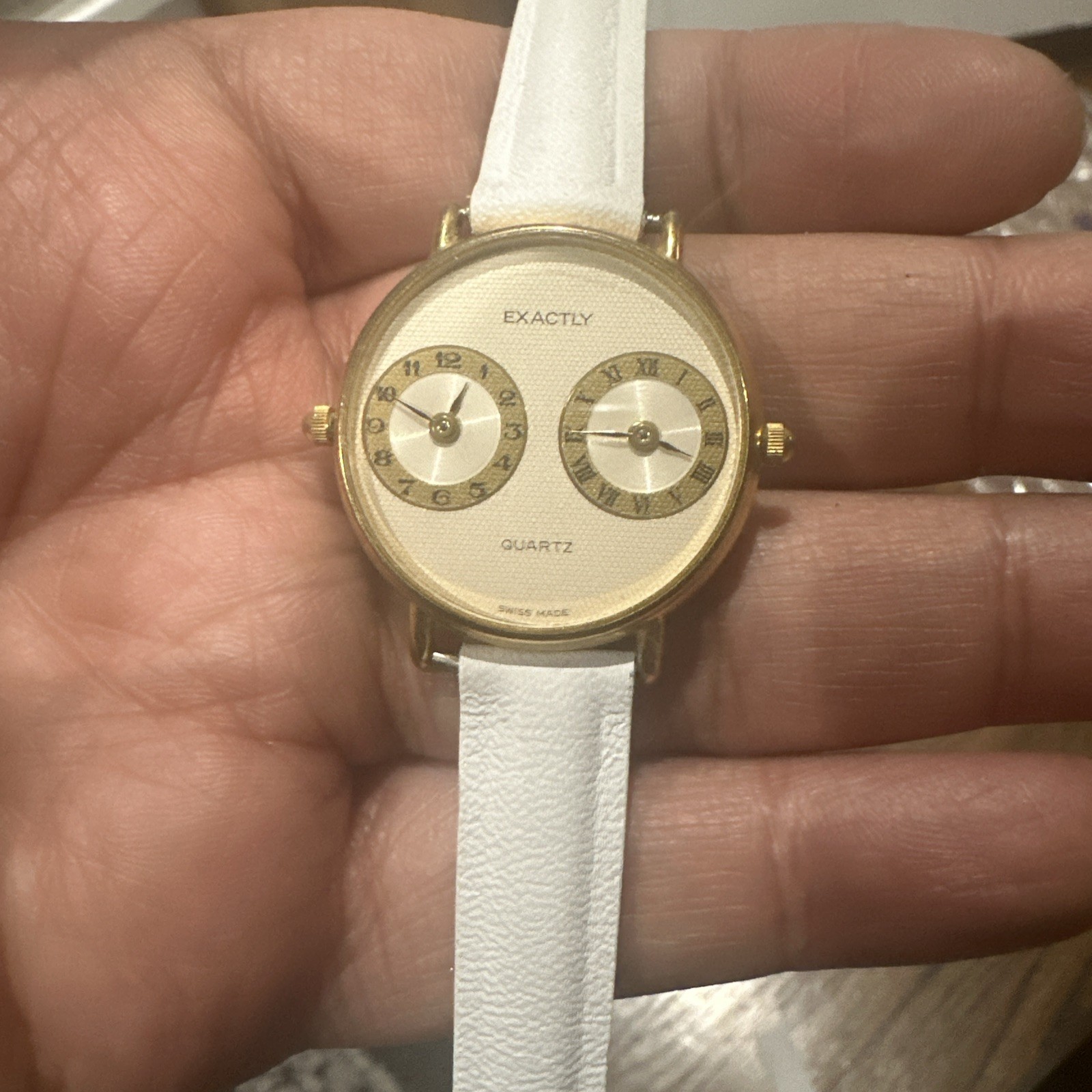 Working Exactly Swiss Made Dual Time Shell 29mm Ladies Watch White Band Rare