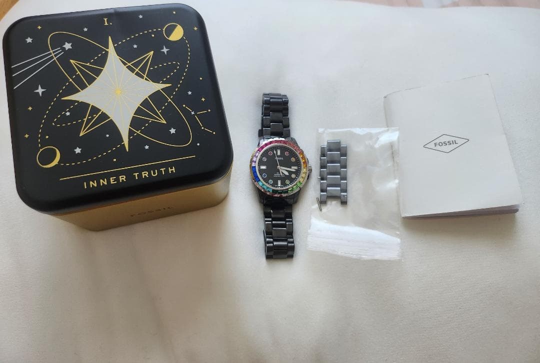 FOSSIL FB-01 CE1130 Quartz Black Ceramic Rainbow Bezel Women’s Watch