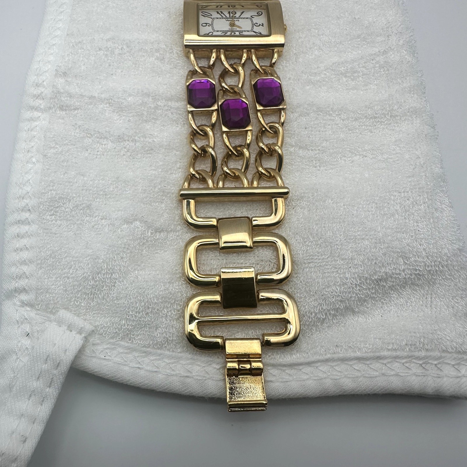 Versales Gold Tone Chain Bracelet Watch w Purple Stones Rectangle Dial