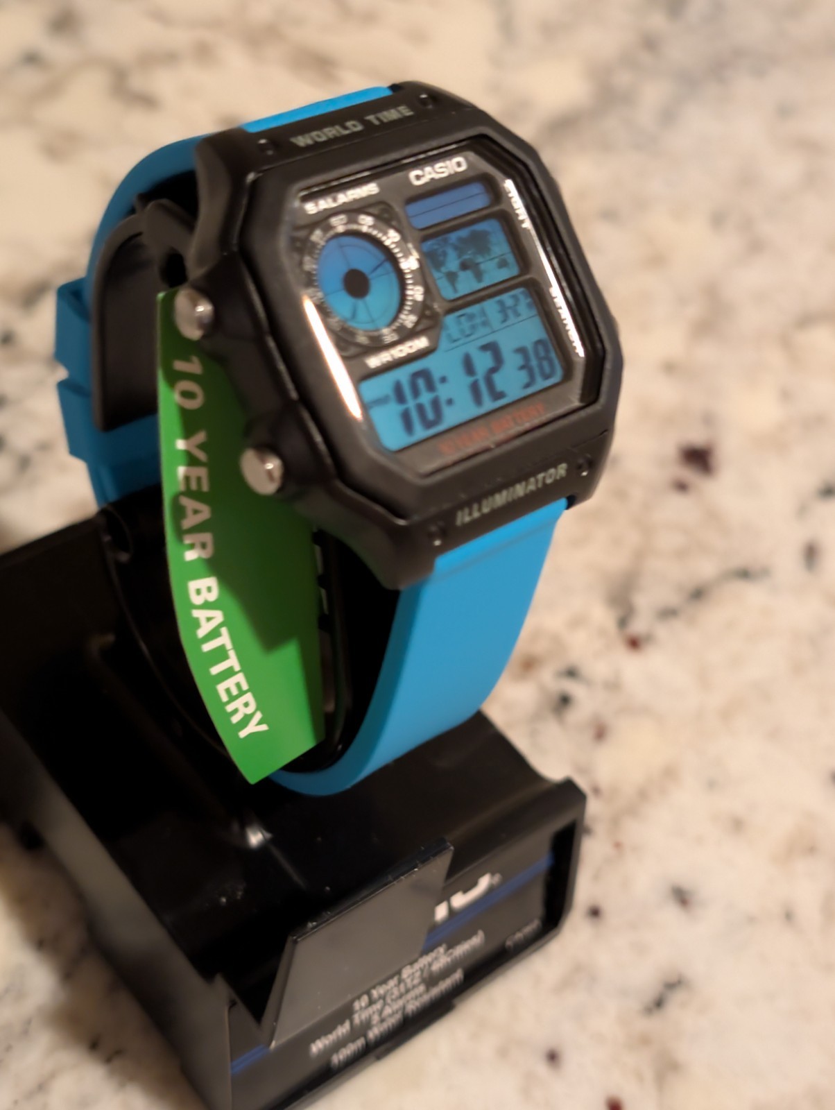 Blue Fusion Mod CASIO AE-1200 Black World Time Watch Bright blue Silicone band