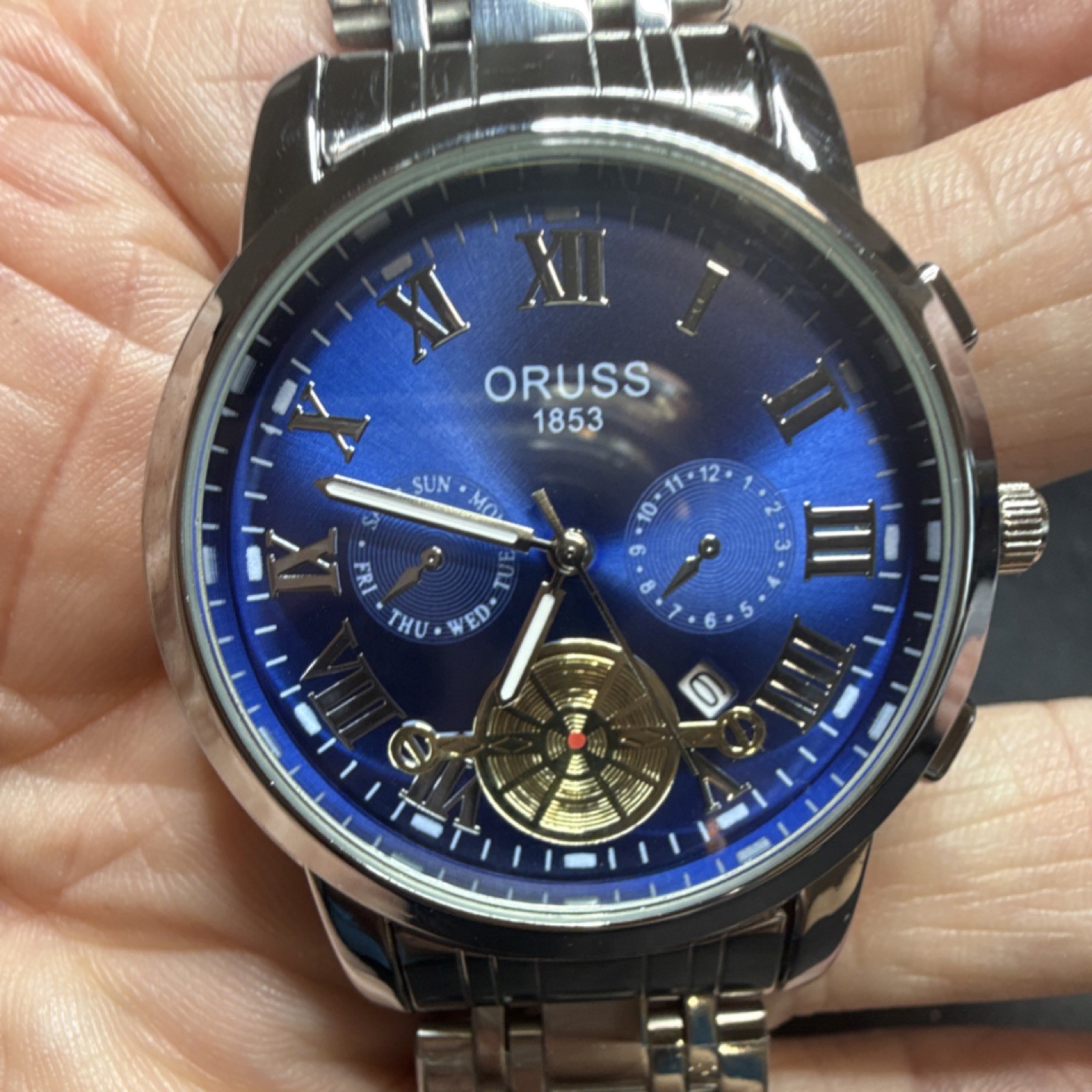 ORUSS Men’s Dress Wristwatch Blue Dial Silver Metal Bracelet Analog 41mm