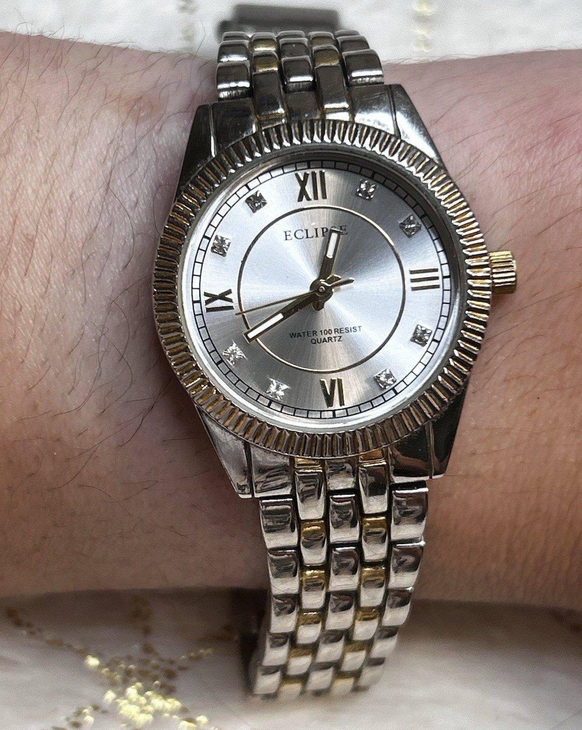 Eclipse Women’s Quartz Analog Dress Watch Two-Tone Fluted Bezel 100 ft