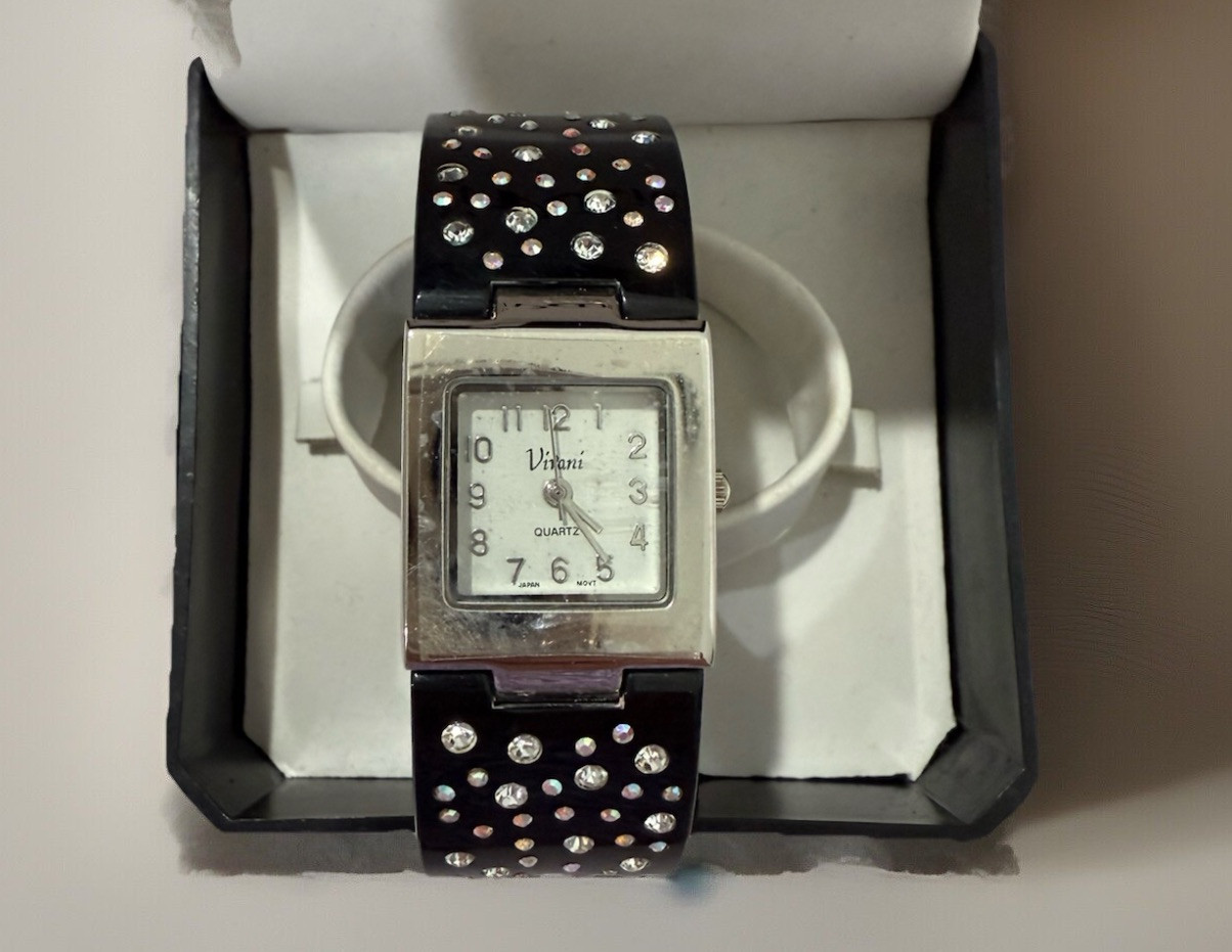 Vivani Rhinestone Cuff Quartz Watches Set Black & White NEW Batteries Womens