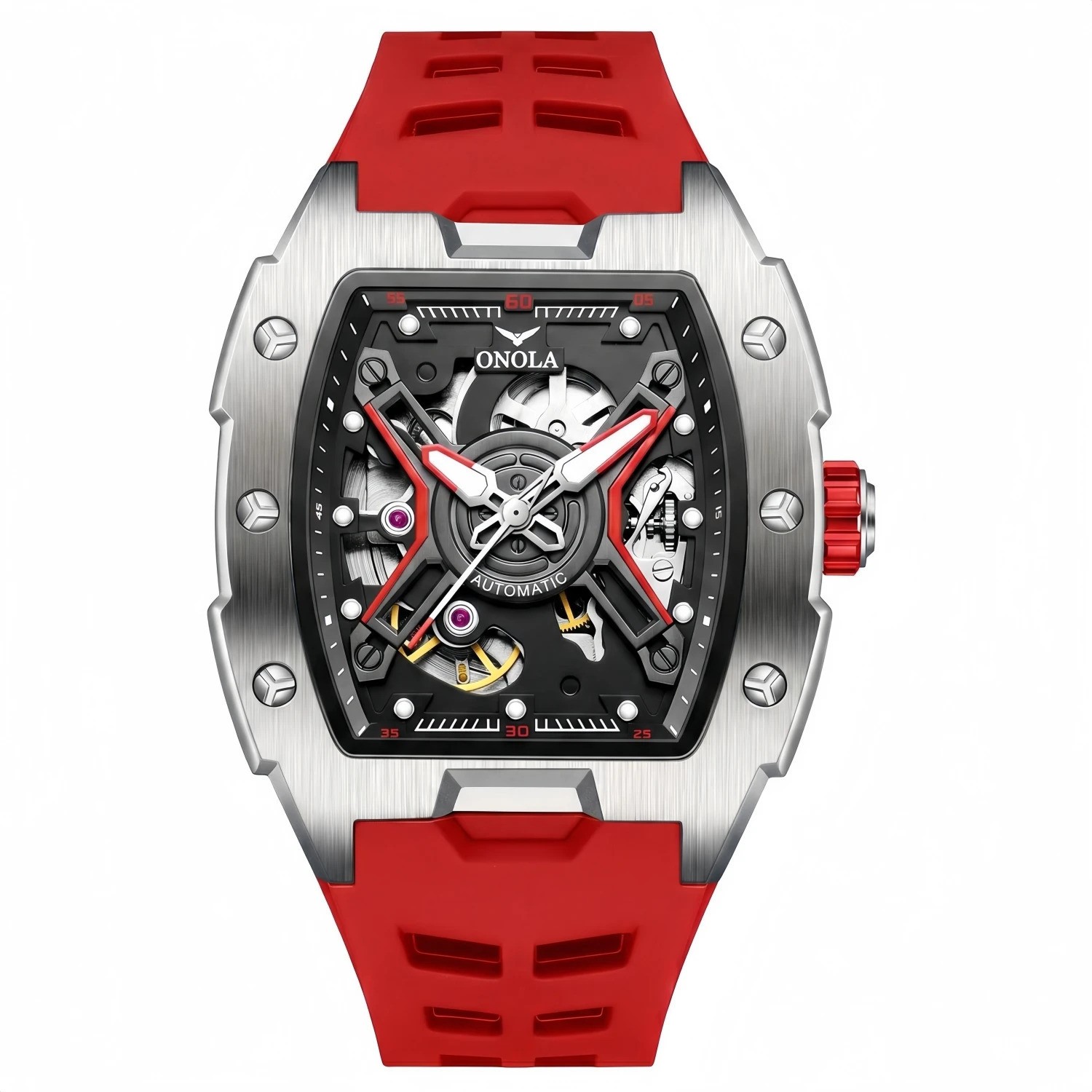 ONOLA Automatic Mechanical Mens Watch With A Silicone Strap And Water Resistance