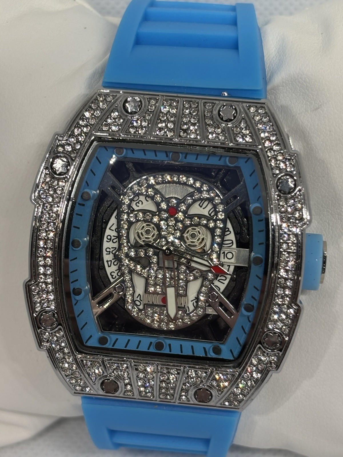 MENS Blue Skull Dial Crystal Quartz Watch Blue Rubber Strap NEW w/ Box
