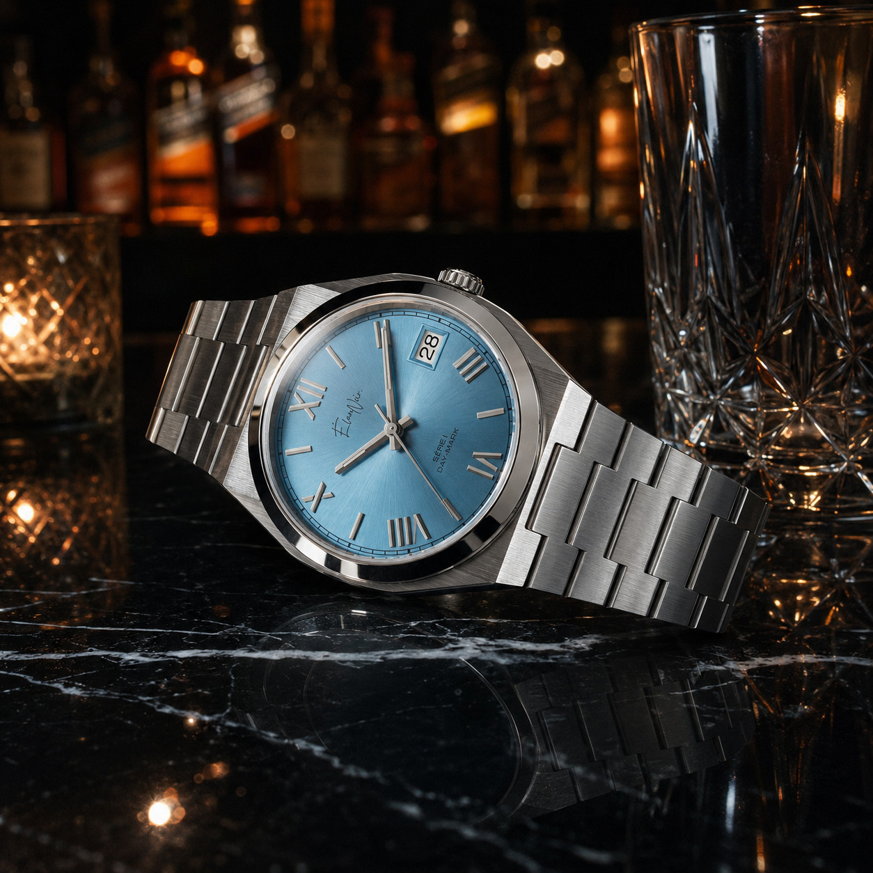 Custom Élan Noir Série I Lagoon Blue 36mm Auto NH35 Sapphire Crystal Steel Watch