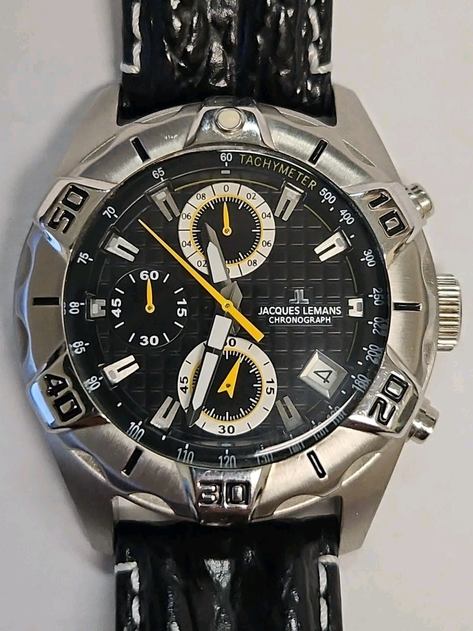 Jacques Lemans Men’s Watch 1-1350 Chronograph 42mm, New Battery, Genuine Leather