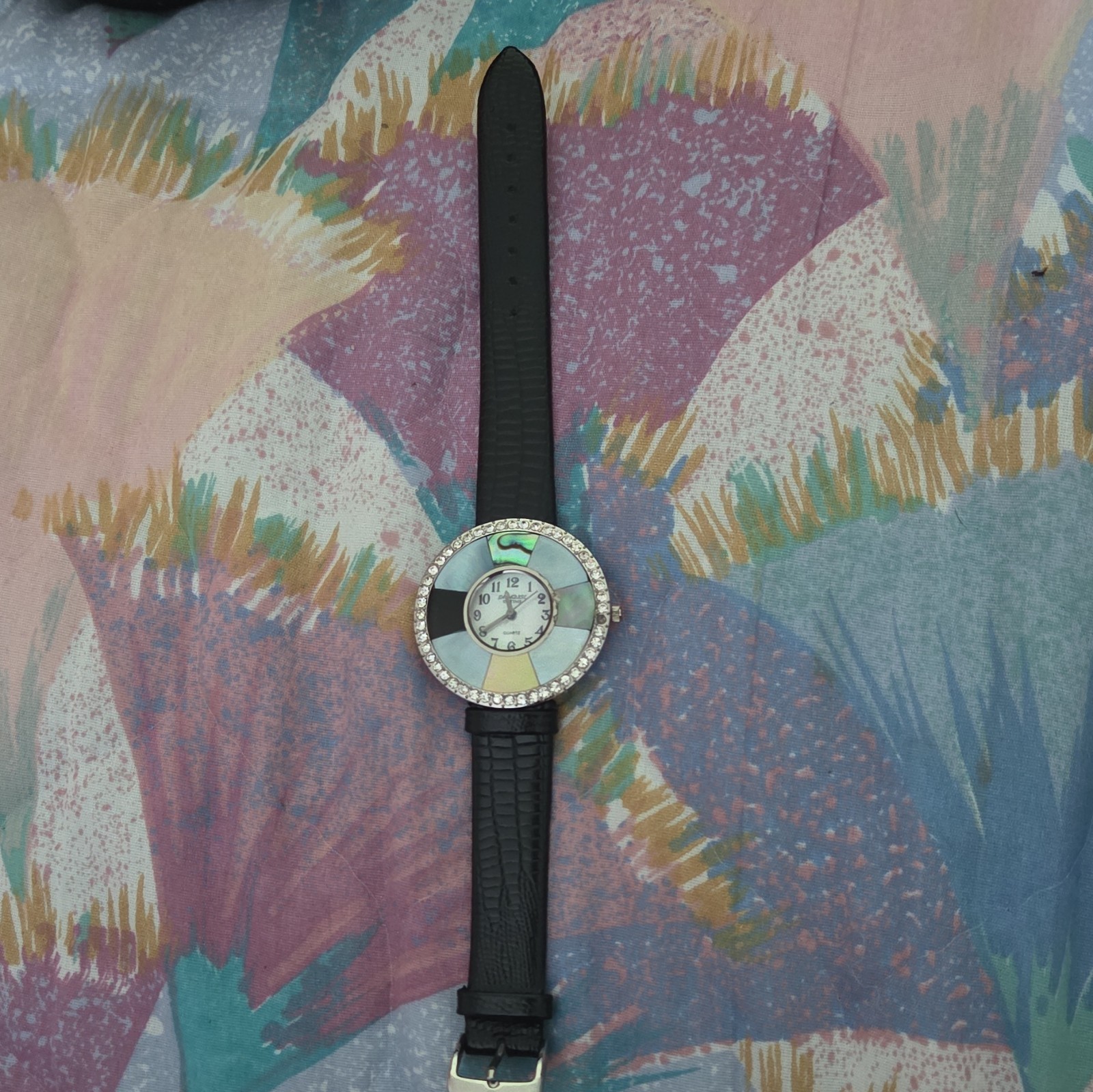 Palase All Time Women’s Dress Quartz Analog Watch Gem-Set Bezel Black Strap