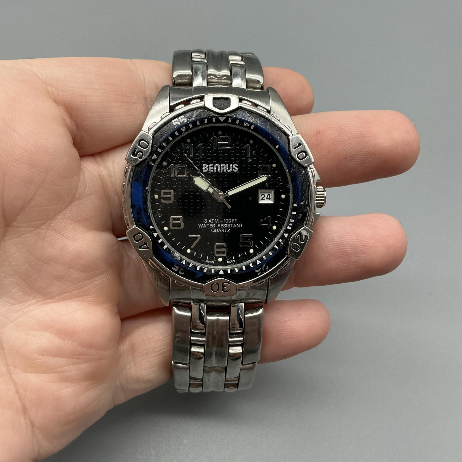 Benrus BNW707 Mens Watch 39mm Black Dial Silver Tone Bracelet New Battery 7.5″