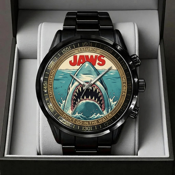 Jaws 1975 Shark Watch Movie Fan Gift Black Stainless Steel Wristwatch TN1356