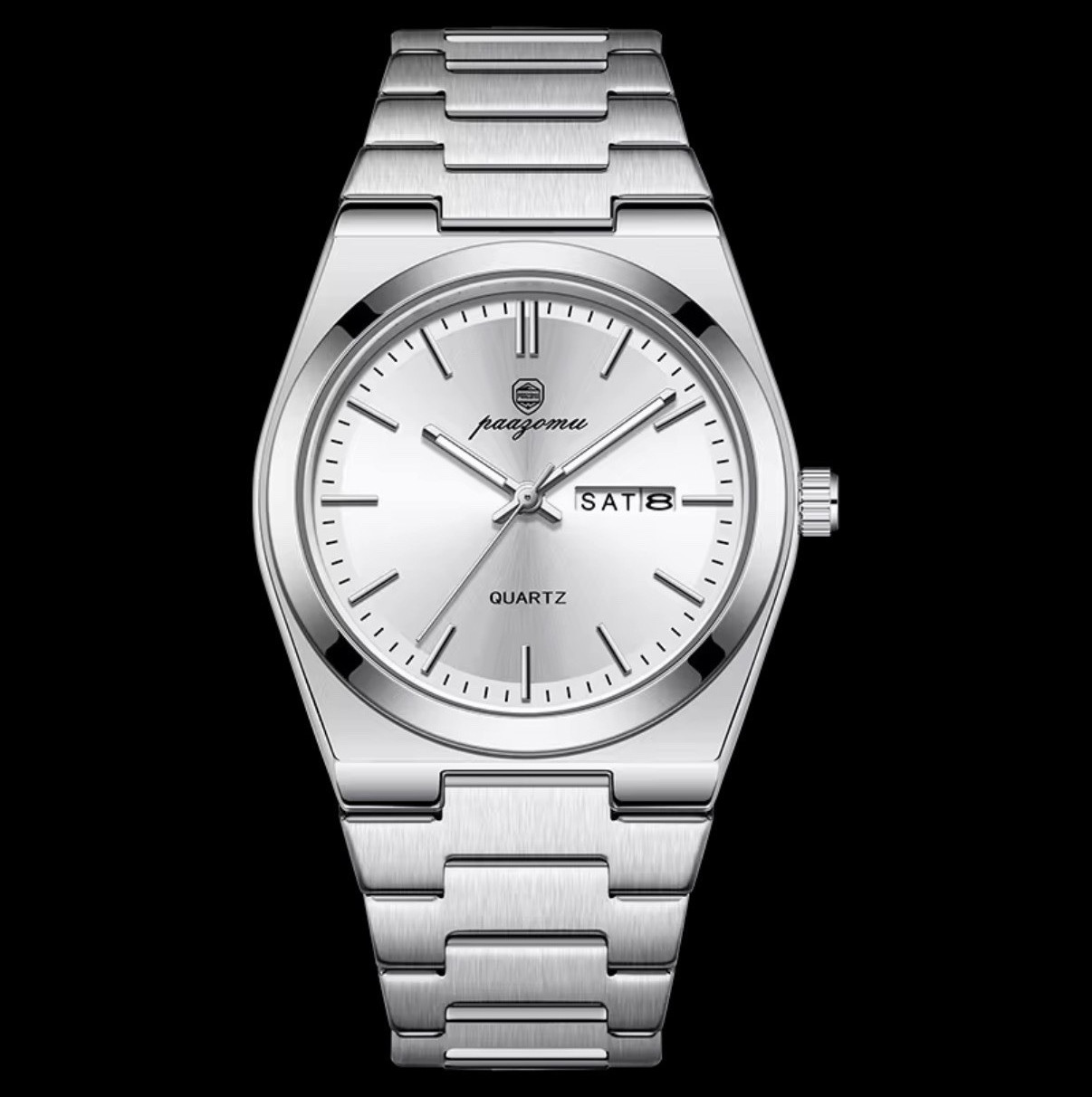 Poedgar Design Quartz Analog Day/Date 40M Silver Dial SS Bracelet Watch
