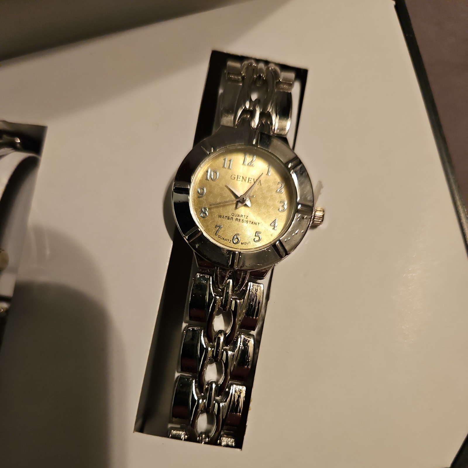 GENEVA POLISHED SILVER TONE S/STEEL BAND+GOLD DIAL 2,TWO PIECE HIS+HER WATCH SET