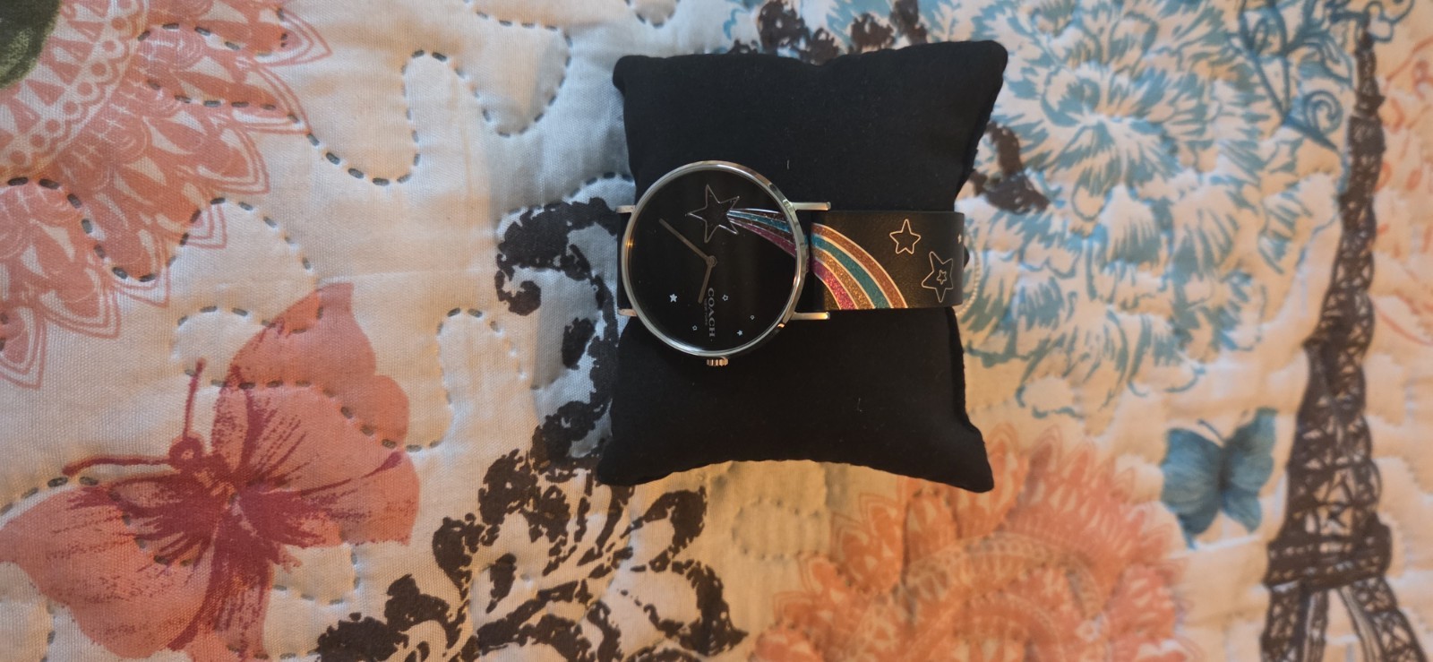 Coach Perry Quartz 36mm Black Star Dial Rainbow Leather Strap Watch 30m
