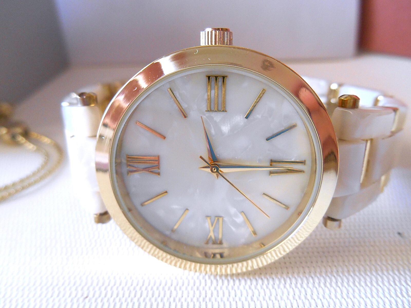 New I.N.C. Goldtone & White Watch and Adjustable Rhinestone Bracelet Set