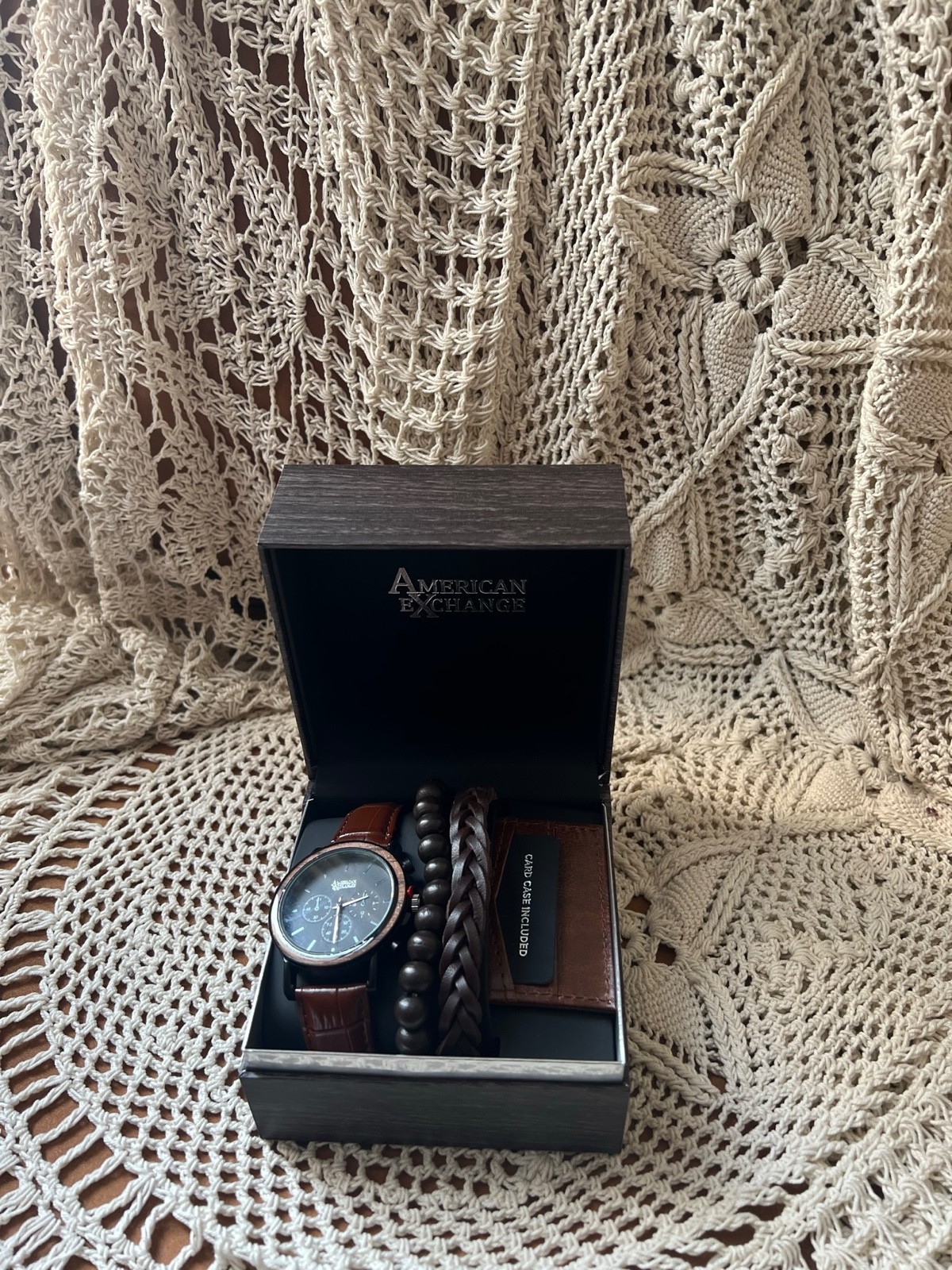 American Exchange Men’s Ocean Blue Metal Alloy Watch & 4 Bracelet Gift Set NIB