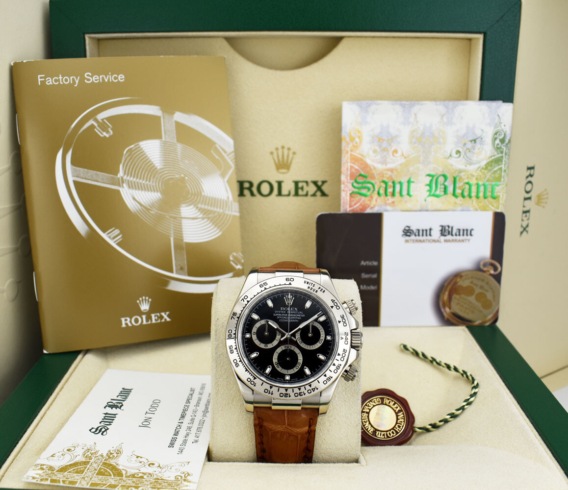 ROLEX REHAUT 18kt White Gold DAYTONA Black Index – Brown Strap 116519 SANT BLANC