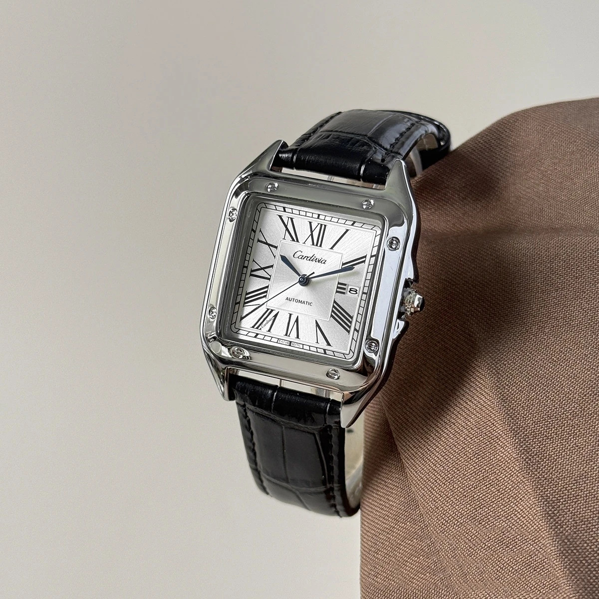 Men’s Square Quartz Watch Roman Numeral Leather Strap Date Waterproof Dress