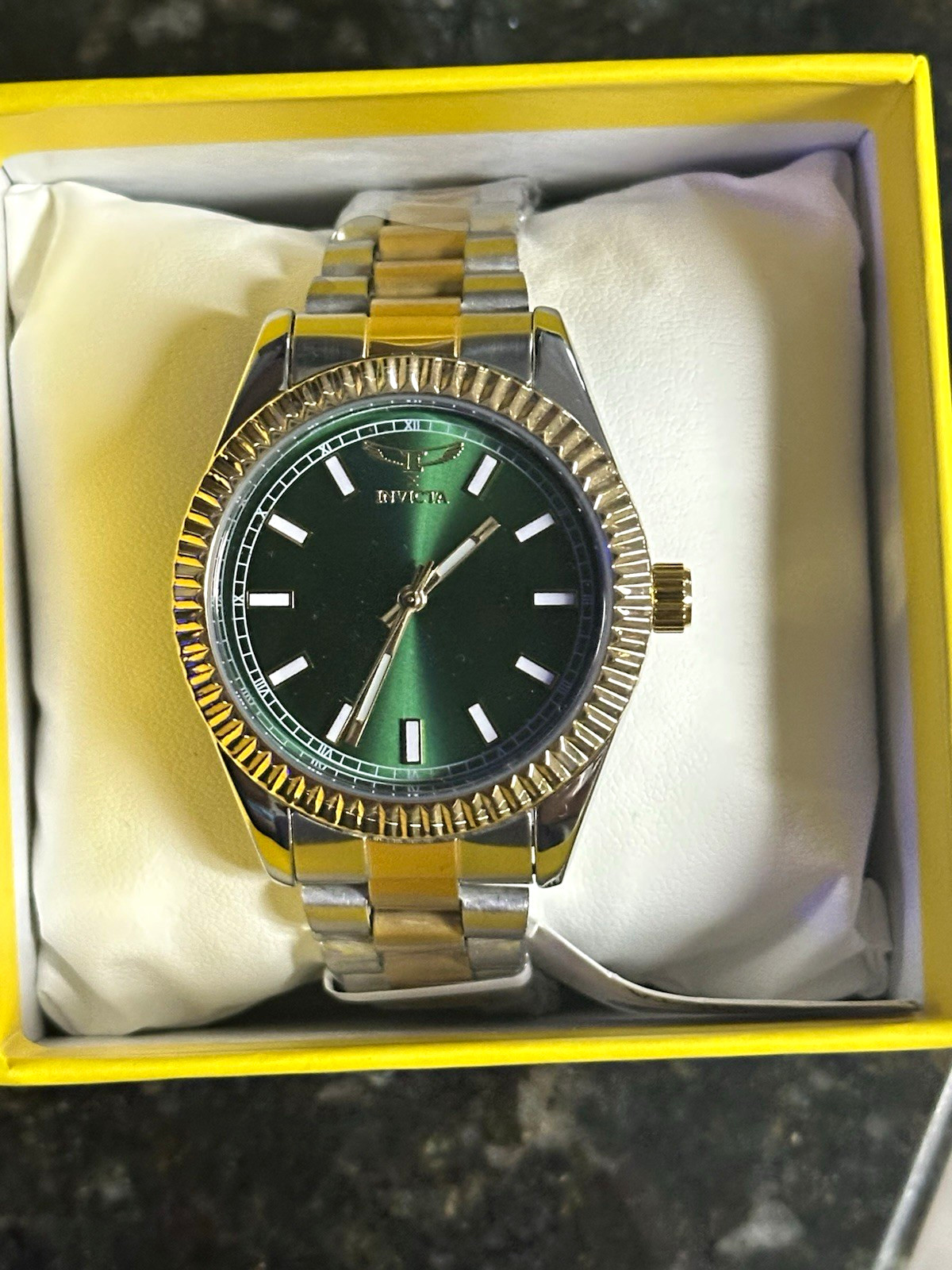 Invicta Two-Tone SS Quartz 42mm Watch Green Sunburst Dial Fluted Bezel Box