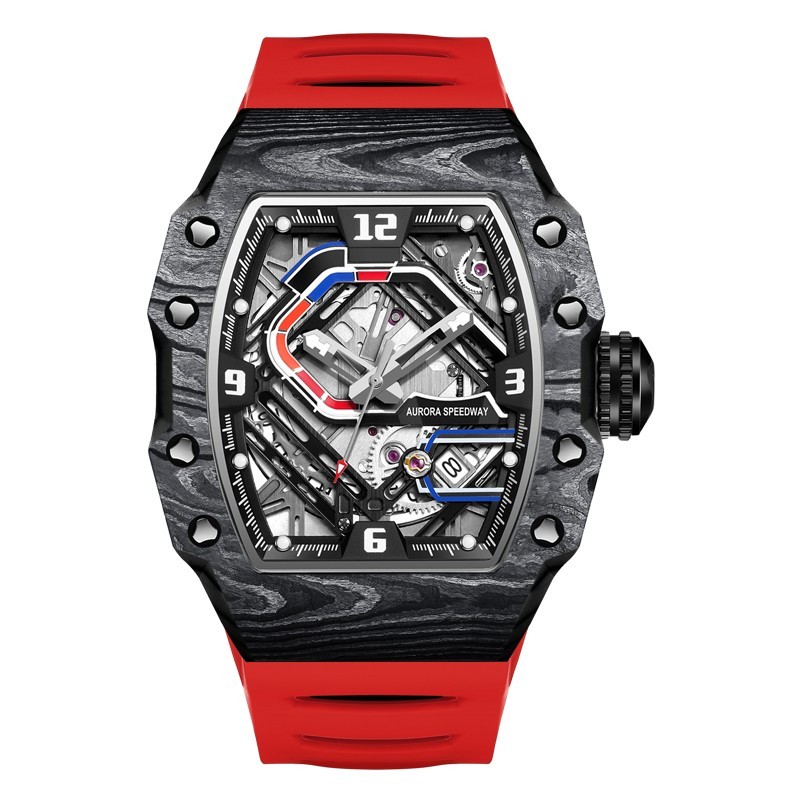 HANBORO Men Automatic Watch Tonneau Mechanical Wristwatch Carbon Fiber Racetrack