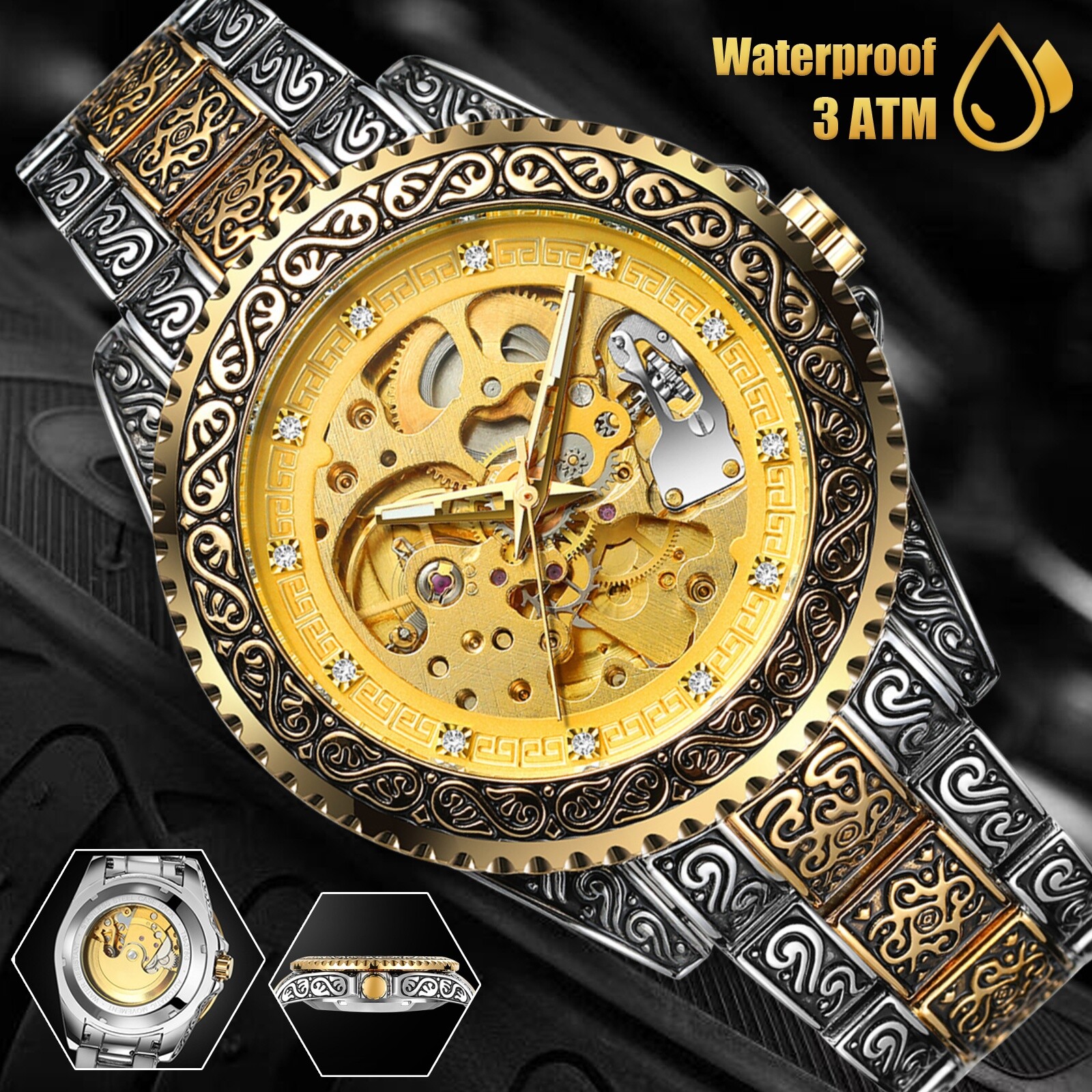Men Stainless Steel Watch Skeleton Automatic Mechanical Wristwatch Carved Luxury