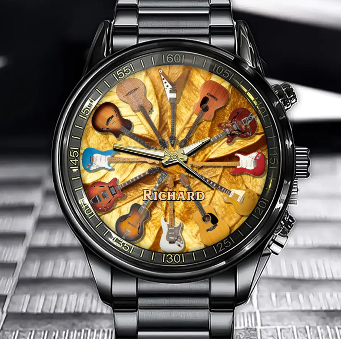 Personalized Rock Around Bass Guitar Drum Black Stainless Steel Watch Music Love