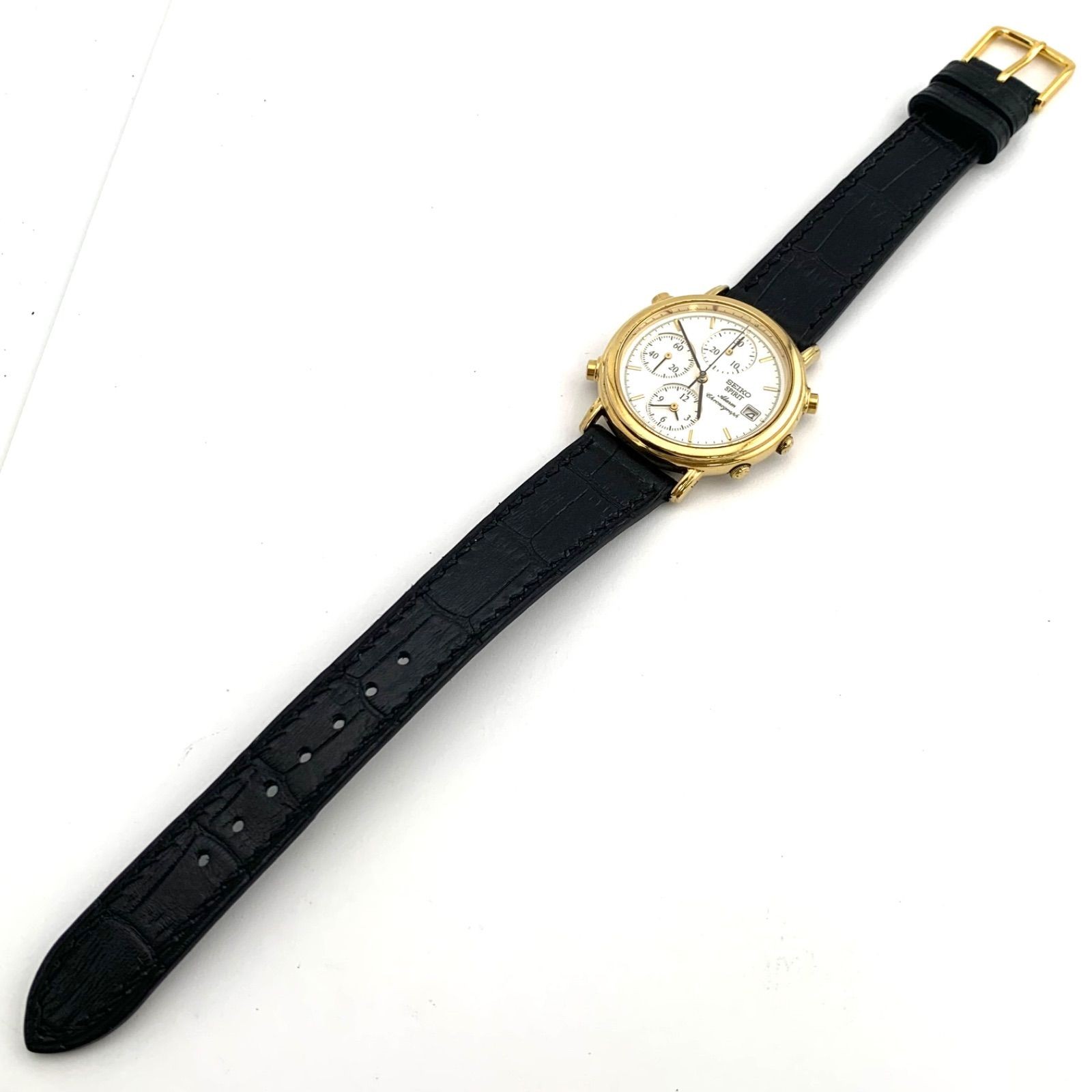 SEIKO SPIRIT Chronograph Watch Gold White Leather Strap 35mm 18.5cm