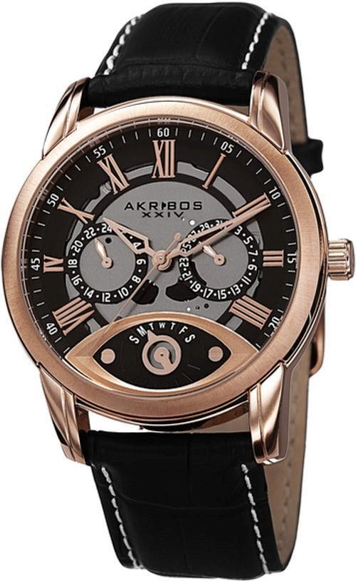 Akribos XXIV AK725RG Day Date GMT Roman Numerals Rosetone Black Mens Watch
