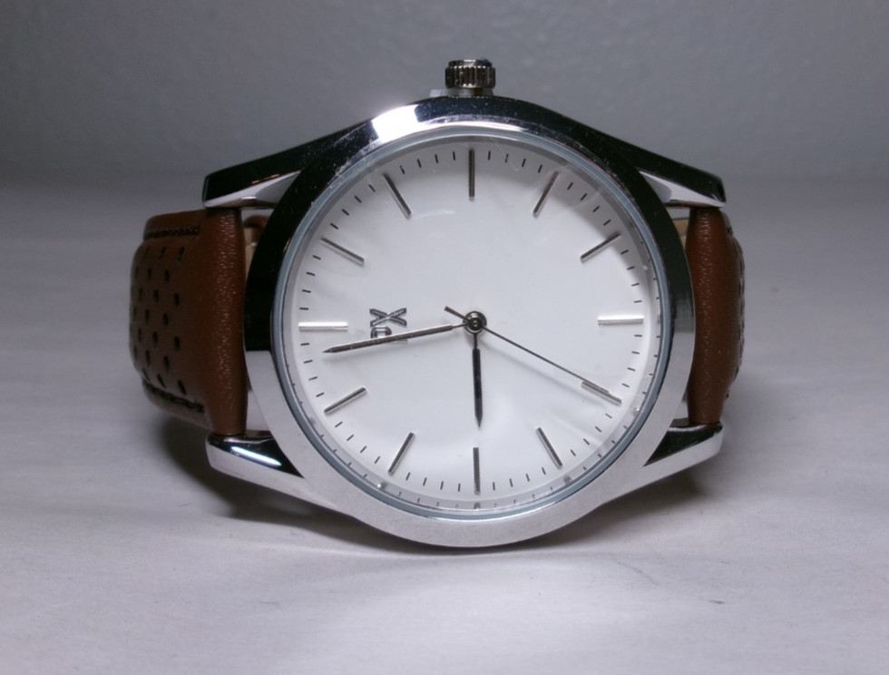 PX MENS SILVERTONE WHITE/SILVER FACE WATCH WITH BROWN LEATHER BAND 6.5-8″ FIT