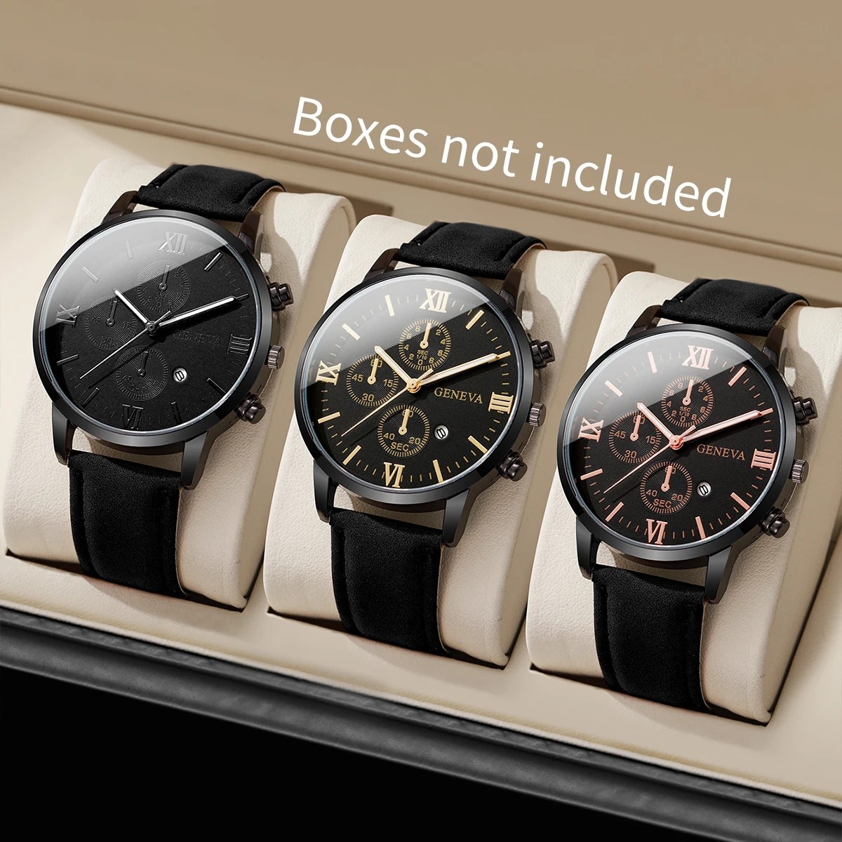 1/3PCS Men’s Watch Casual Leather Band Analog Quartz Watches with Calendar