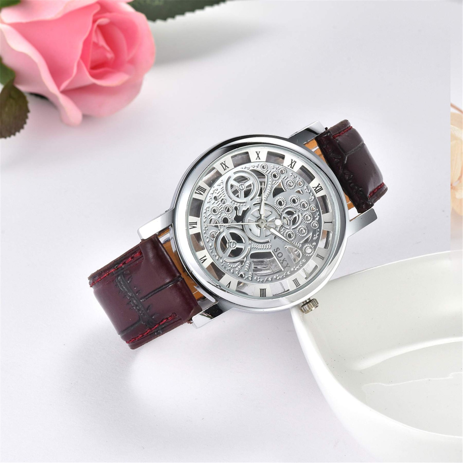 Men’s Skeleton Analog Quartz Watch – Black/Brown Leather Wristwatch for Dad’s Da