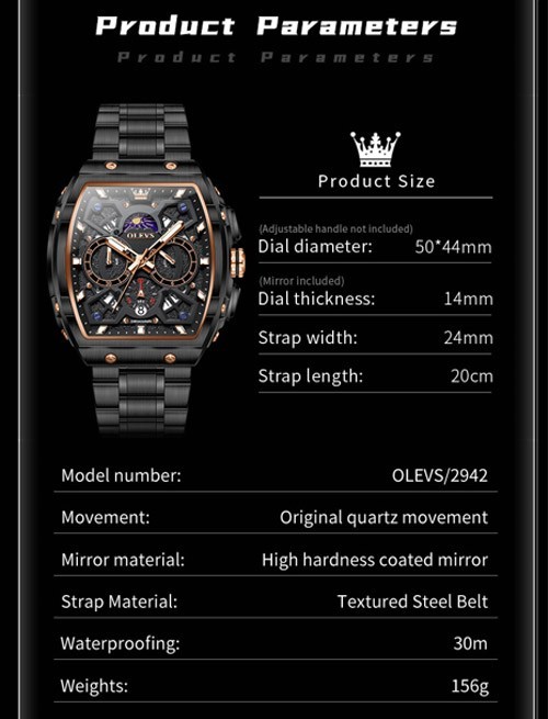 OLEVS Quartz Men’s Watch Chronograph, Waterproof, Luminous, Moon Phase with Date