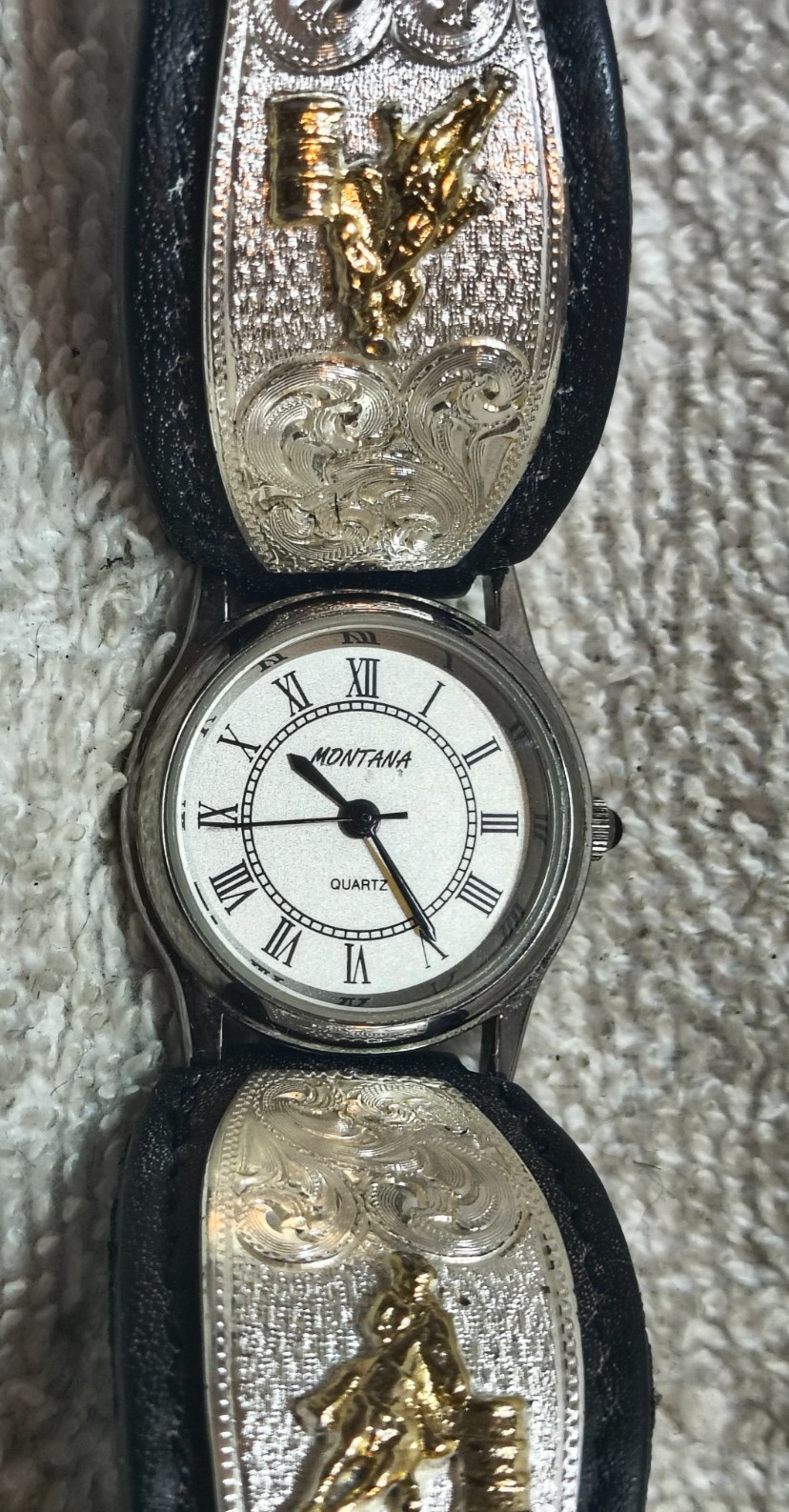 Montana Silversmiths Watch Barrel Race Black Leather White Dial New Bat Nice