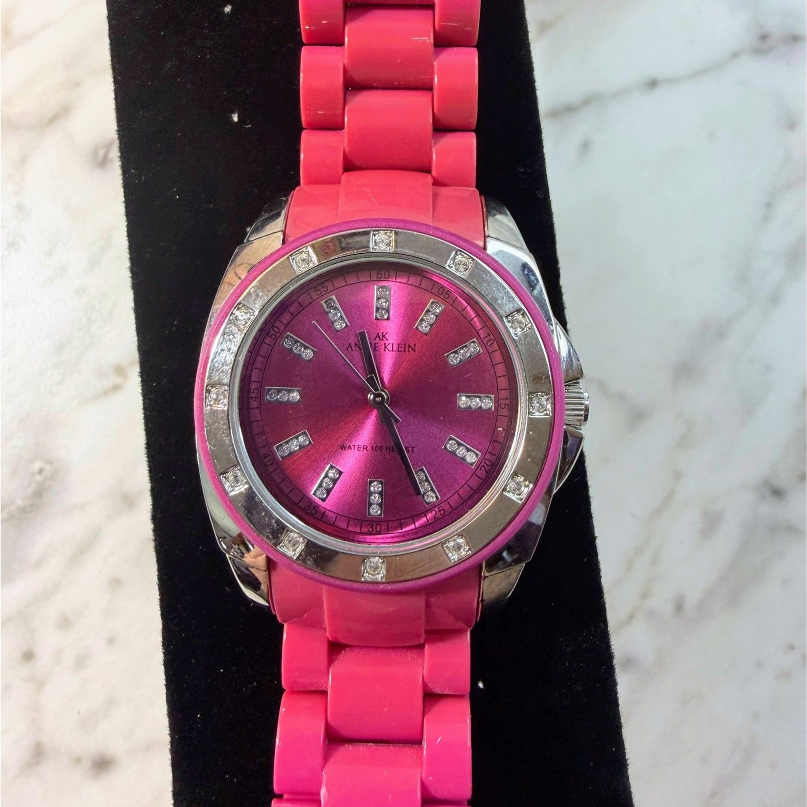 Anne Klein Watch Pink Plastic Resin Link Bracelet Crystal Bezel New Battery