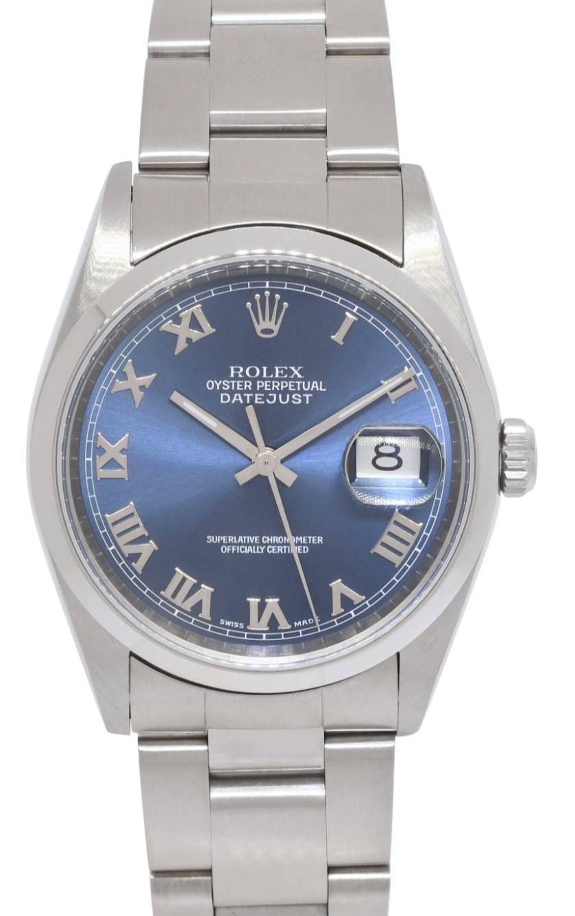 Rolex Datejust Steel Blue Roman Dial Oyster Bracelet 36mm Watch +Papers F 16200